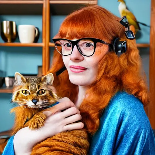 Prompt: a stunning hyper-detailed closeup portrait photo of a beautiful retro-bespectacled woman with long ginger hair and bangs, wearing a luxurious silk robe, wearing headphones and posing with her large ginger tabby cat and her raccoon and parrots in an overstuffed easy chair in her sunlit victorian living room, holding a porcelain parrot-shaped coffee mug and a donut, perfect eyes, fashion photography, octane render, unreal engine, 85 mm lens,