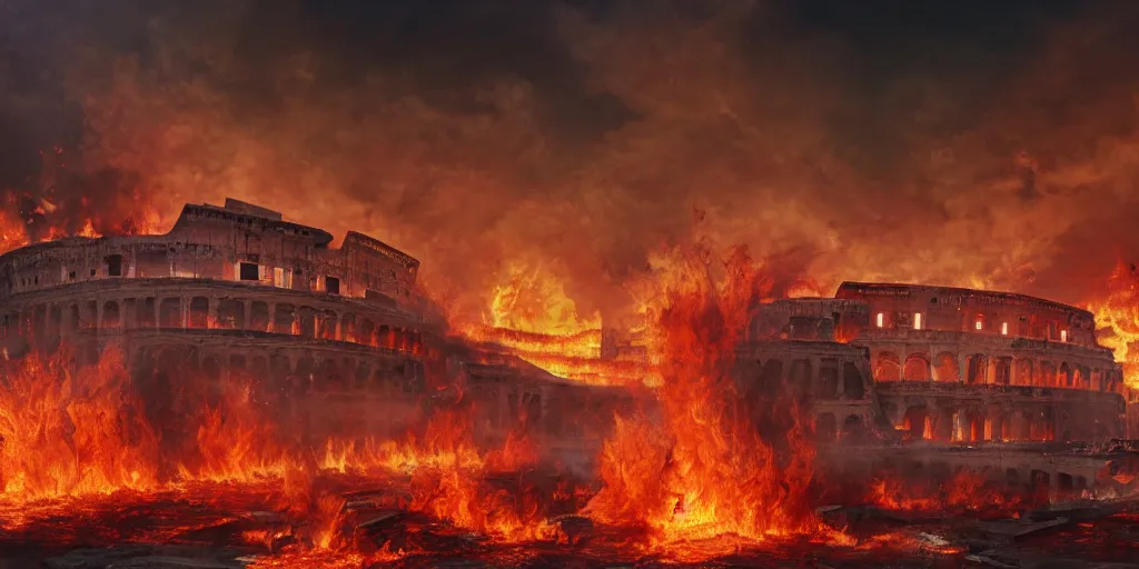 Image similar to Painting of the great fire of rome, abstract, realism, 8k, detailed, terror, octane render, 3d render, complex emotion, glow