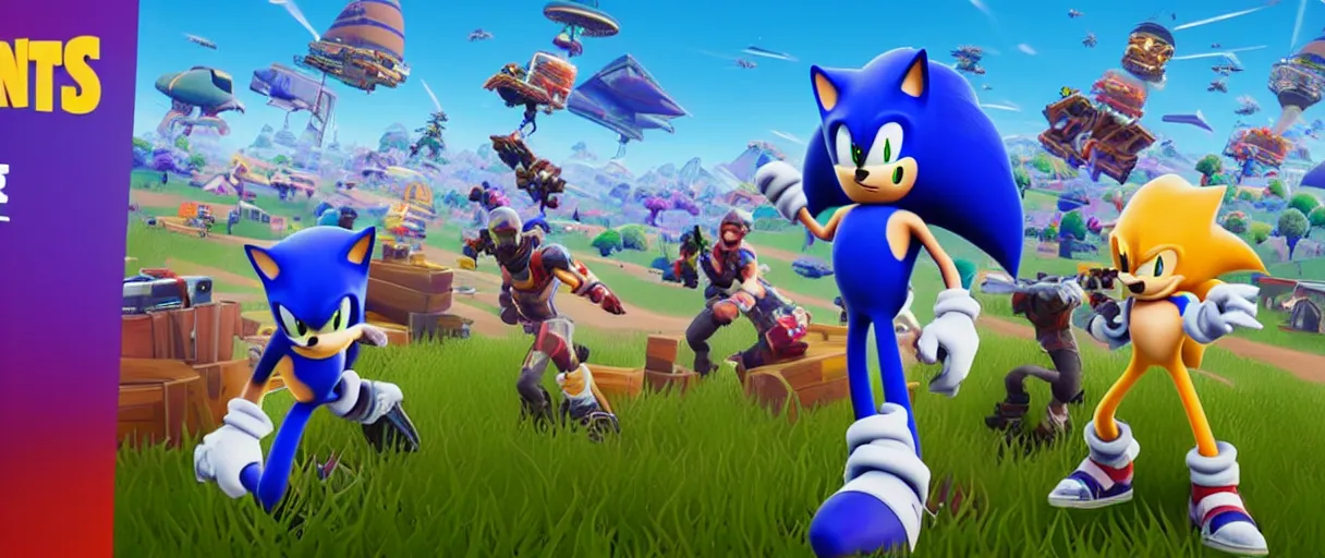 Image similar to sonic in fortnite announcement advertising