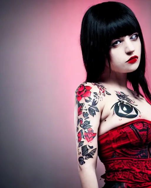 Prompt: cute female with intricate tattoos, crimson - black hair, wearing cute crimson - black bee - themed dress, cinematic lighting, beautiful composition