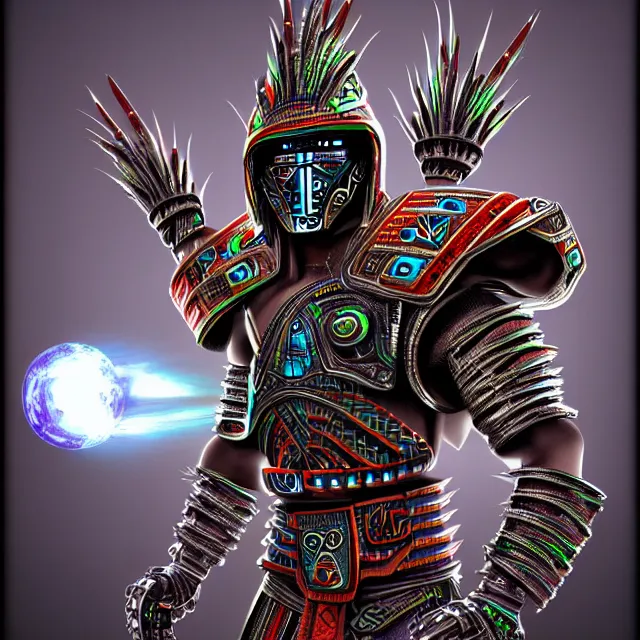 Prompt: futuristic cyber aztec warrior, highly detailed, 4 k, hdr, smooth, sharp focus, high resolution, award - winning photo, illustrated by anne stokes, photorealistic