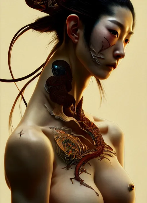 Image similar to Japanese Yakuza cyborg, diffuse lighting, fantasy, intricate, elegant, highly detailed, lifelike, photorealistic, digital painting, artstation, illustration, concept art, smooth, sharp focus, art by John Collier and Albert Aublet and Krenz Cushart and Artem Demura and Alphonse Mucha