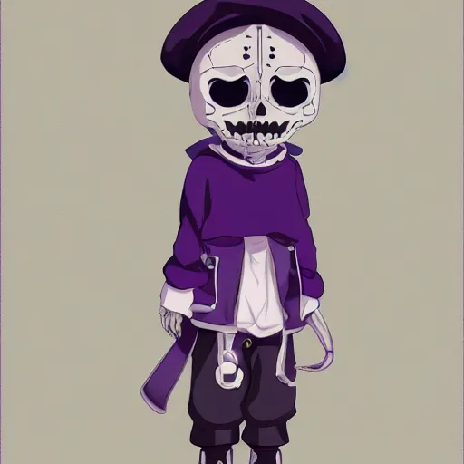 Image similar to cute little boy wearing an skull mask and dressed in an nun outfit, purple color palette, artwork made in heikatsu art syle, inspired in made in abyss and hirohiko araki, ray tracing, soft details