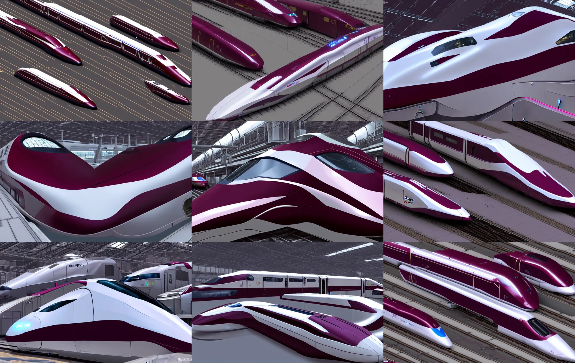 Prompt: modern concept art for a maglev train, soft lighting, 3d render, 8k, openttd, maroon accents, metallic reflections, star citizen origin 100i, supersonic rail, single central focus, close up, cyberpunk 2077