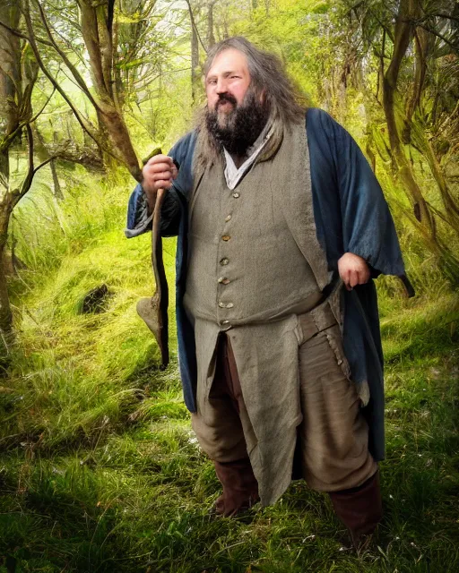 Image similar to photoshoot of peter jackson dressed as tom bombadil, lotr, tolkien, weta workshop style, hyperreal, soft focus, bokeh