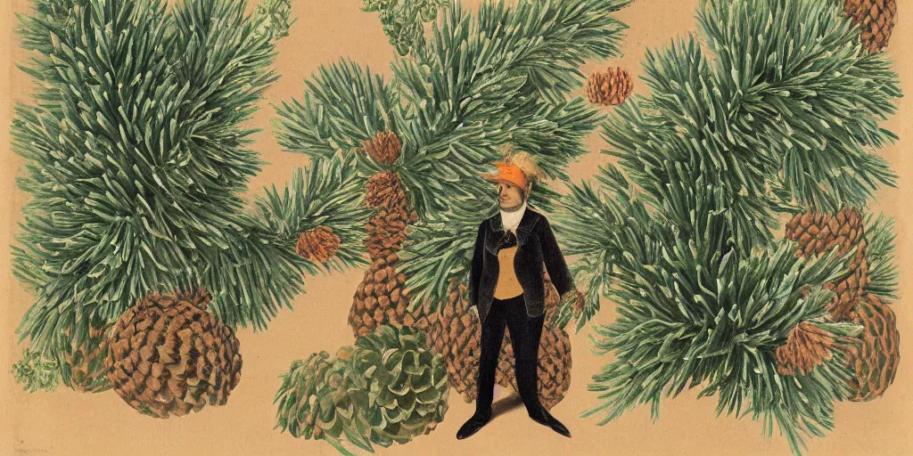 Image similar to a beautiful illustration of a costume made of pinecones, by henri Rousseau, 8k, 4k