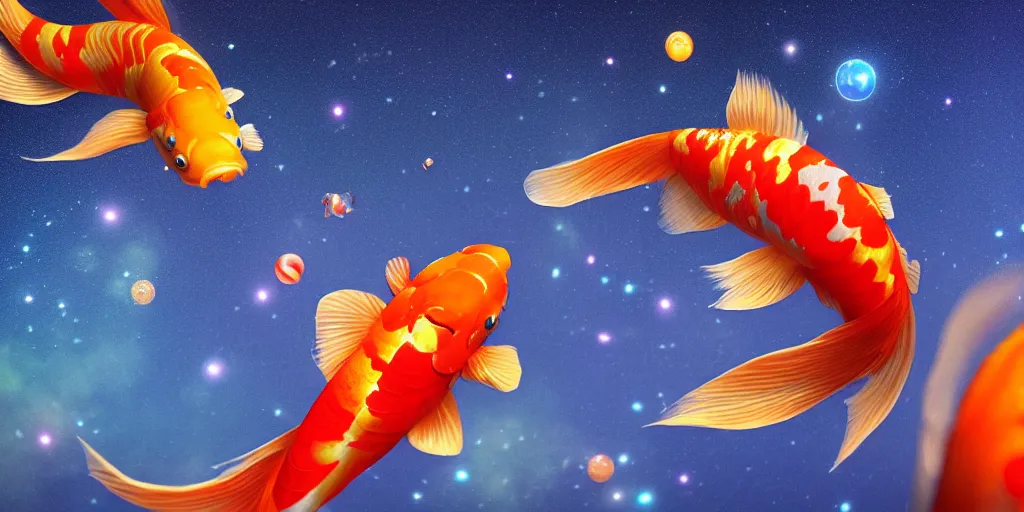 Image similar to a koi fish floating in space, mild starry background, ultrarealistic, cinematic, octane render, trending on artstation