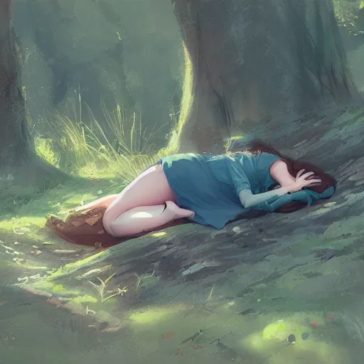 Prompt: a girl sleeping in a forest, she is laying down. in the style of rossdraws, wlop, greg rutkowski, ghibli