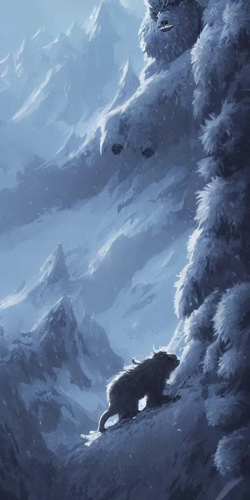 Prompt: a giant hairy cryptid monster halfway up a snowy mountain in the style of Sylvain Sarrailh, wispy magical smoke, beautiful digital art, cinematic composition, detailed, concept art, Matt painting, oil painting, high res