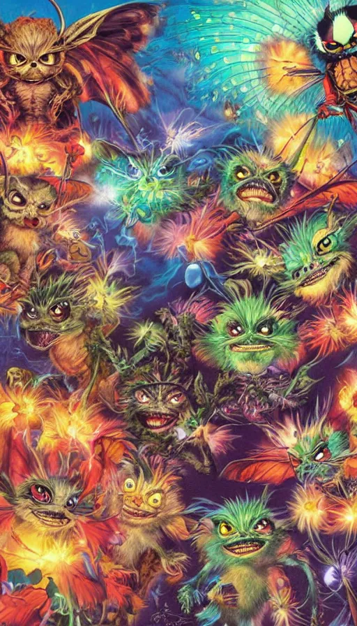 Prompt: gremlins vs mothra vs stephen hawkin art by Noriyoshi Ohrai and Lisa Frank