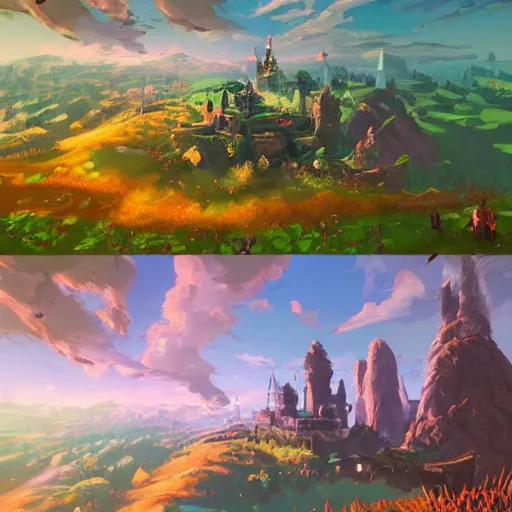 Image similar to a hyperrealistic digital matte painting of a verdant fantasy countryside, breath of the wild, hyrule, inspired by cyril rolando, david wiesner, many golden layers, orange color tone, very far royal steampunk castle, cgsociety, highly detailed, trending on artstation, azure sky