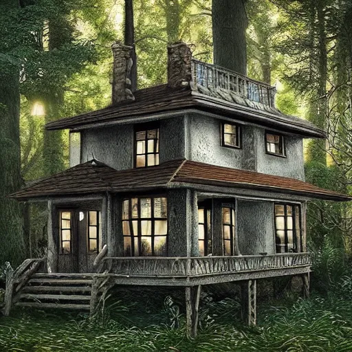 Image similar to Very very very very detailed, very very very very realistic artistic art of very very very detailed house in the forest , by very very very very talented artist in very very very very aesthetic photorealism style
