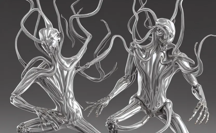 Image similar to stylized shiny polished silver statue full body extra limbs bizarre cosmic horror quadruped four legs made of marble of slug creature tendrils, perfect symmetrical body, perfect symmetrical face, hyper realistic, hyper detailed, by johannen voss, by michelangelo, octane render, blender, 8 k, displayed in pure white studio room