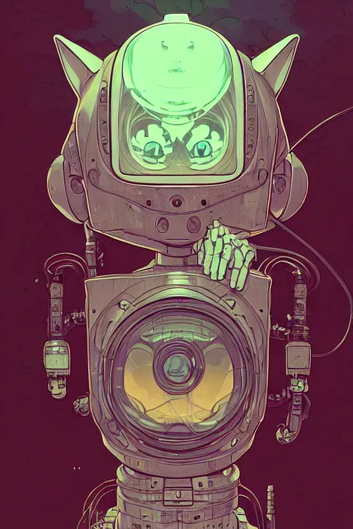 Image similar to a study of cell shaded portrait of a cat robot, llustration, post grunge, evil vibe, concept art by josan gonzales and wlop, by james jean, Victo ngai, David Rubín, Mike Mignola, Laurie Greasley, highly detailed, sharp focus, alien, Trending on Artstation, HQ, deviantart, art by artgem