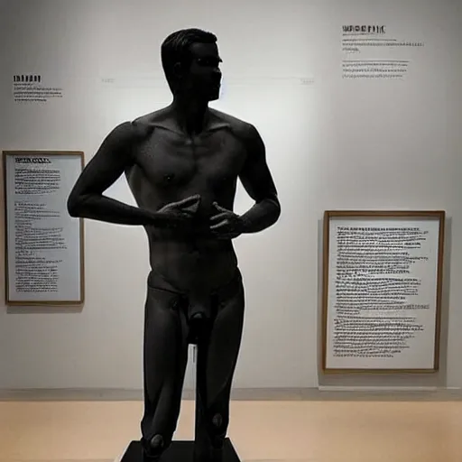 Image similar to “ a realistic detailed photo of a guy who is an attractive humanoid who is half robot and half humanoid, who is a male android, actor liam hemsworth, shiny skin, posing like a statue, blank stare, at the museum, on display ”