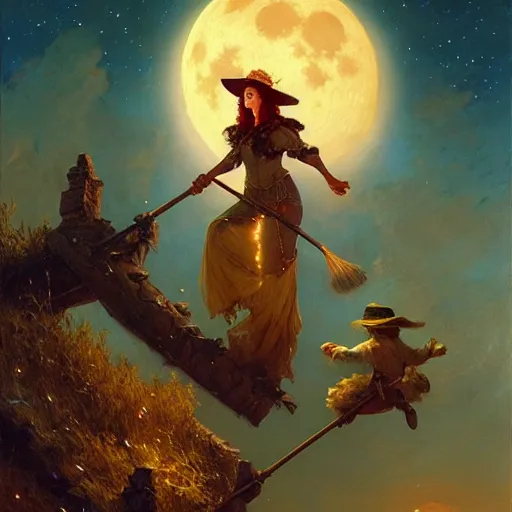 Image similar to witch flying using a broom, trough the night, fantasy, full moon in background. highly detailed painting by gaston bussiere, craig mullins, j. c. leyendecker 8 k