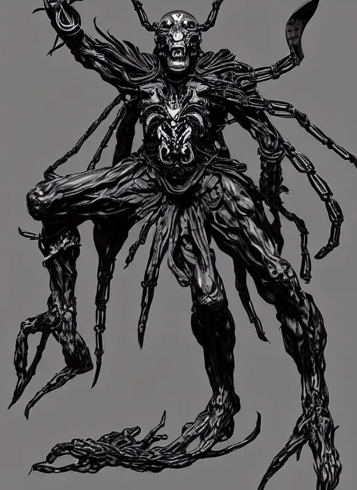 Prompt: full body portrait of an old male half man half spider elder in ornate robes. in style of yoji shinkawa and hyung - tae kim, trending on artstation, dark fantasy, great composition, concept art, highly detailed, dynamic pose, vibrant colours.