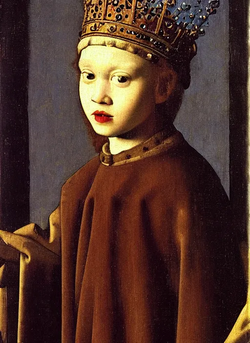 Image similar to portrait of a young king with a crown, medieval painting by Jan van Eyck, Johannes Vermeer, Florence