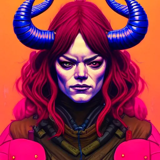 Prompt: portrait painting of a cyberpunk mercenary muscular emma stone with two big horns, sharp focus, award - winning, trending on artstation, masterpiece, highly detailed, intricate. art by josan gonzales and moebius and deathburger