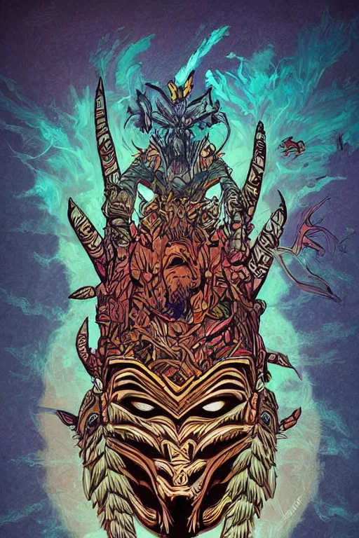 Prompt: totem animal tribal chaman vodoo mask feather gemstone plant video game illustration that looks like it is from borderlands and by feng zhu and loish and laurie greasley, victo ngai, andreas rocha, john harris radiating a glowing aura