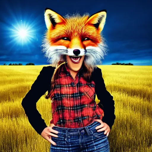 Image similar to a female fluffy anthropomorphic fox animal, head of fox, wearing cowboy hat, wearing plaid shirt, playing guitar, in a field, barn in background, album cover style