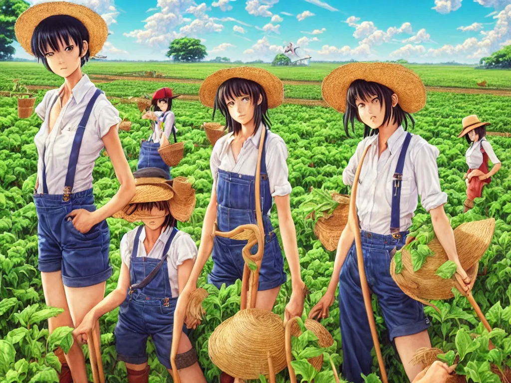 Image similar to mandragora farmer girls working on the sunny day, wearing a suspenders and straw hats, artgerm, artstation, art by hiroaki samura and jiro matsumoto and yusuke murata, box office hit, movie poster, unreal engine, octane render, sharp focus, high quality, highly detailed 8 k