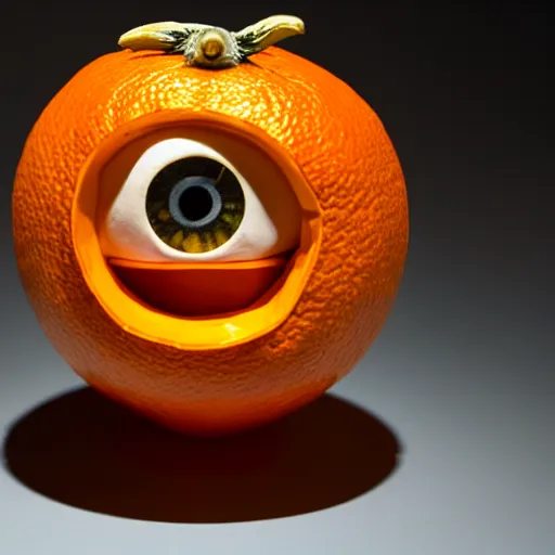 Image similar to a taxidermized annoying orange, in a museum, 8 5 mm lens, 7 0 mm entrance pupil diameter