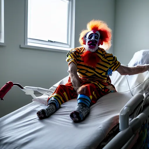 Image similar to crazy elderly clown supine in hospital bed, strapped into bed with restraints, trying to get out but unsuccessful, photograph, 8 k