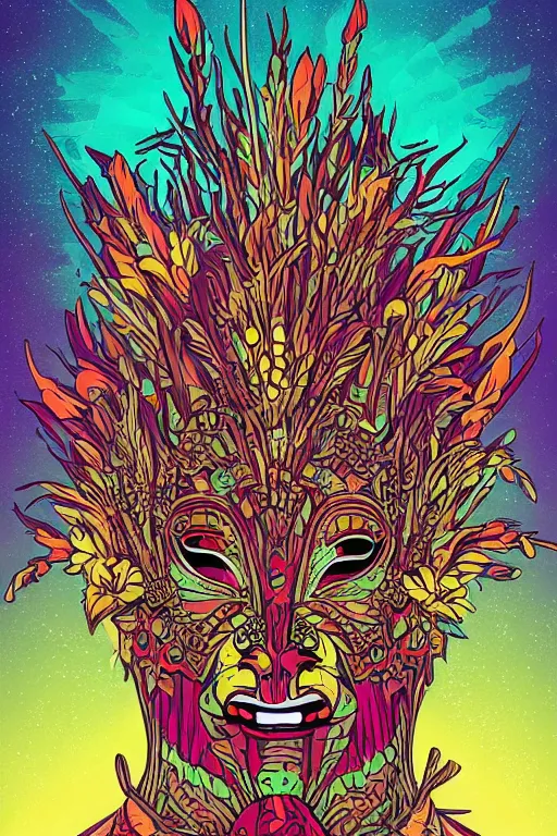 Image similar to animal mask totem roots flower tribal feather gemstone plant wood rock shaman vodoo video game vector cutout illustration vivid multicolor borderlands comics by josan gonzales and dan mumford radiating a glowing aura