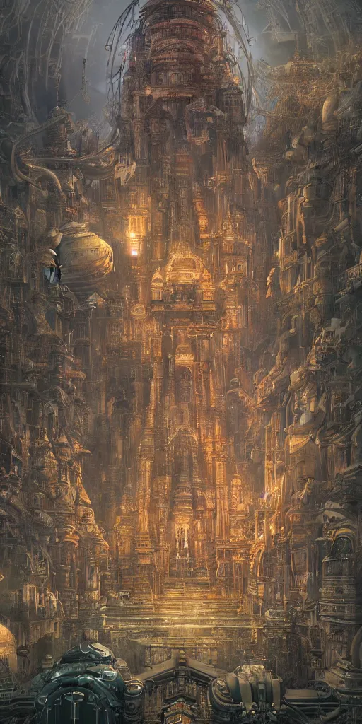 Prompt: a mechanical hindu temple, eyes, scifi, futuristic, utopian, machine parts, body parts, wires, circuits, highly detailed, octane render, cinematic, ayami kojima, karol bak, greg hildebrandt, and mark brooks, hauntingly surreal, gothic, highly detailed and intricate, rich deep colors.