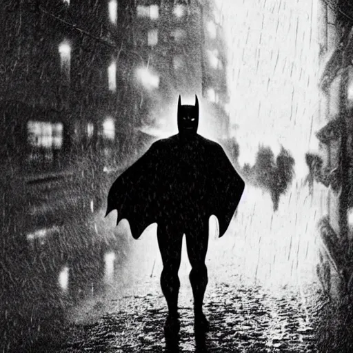 Prompt: 1900's photo of batman with frowning in deep alley street holding his emotion while walking slowly towards a street lamp, rain and smokes while the moon shines on his back, blurry, candid