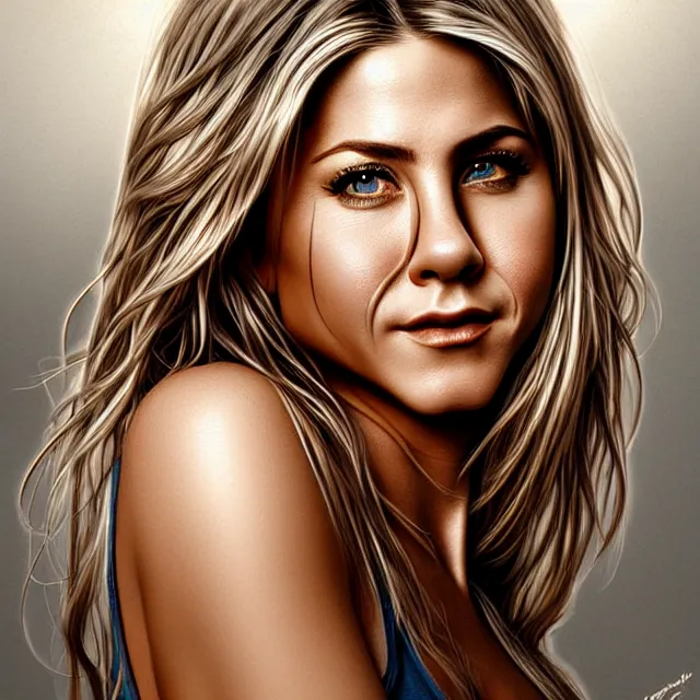 Image similar to aniston, chrome, stamp, highly detailed, 4 k, hdr, smooth, sharp focus, high resolution, award - winning photo, artgerm, photorealistic