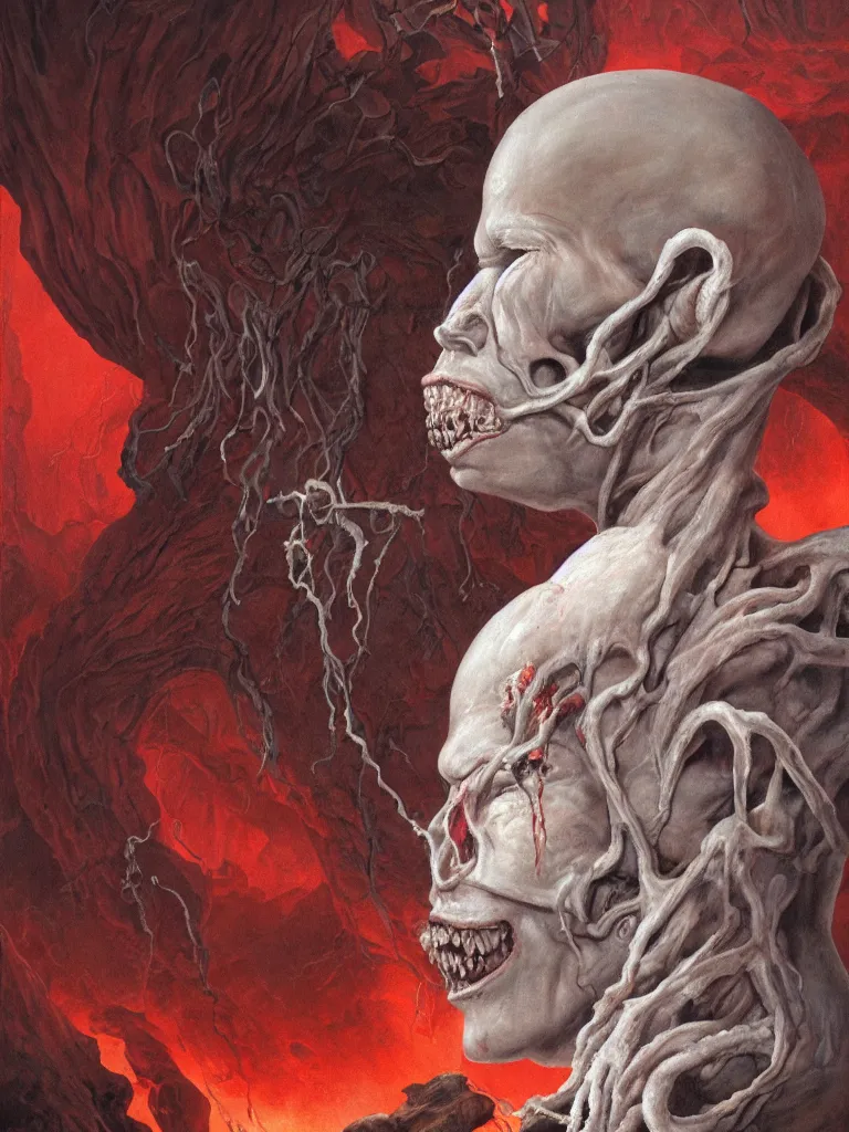 Image similar to wayne barlowe painting of a flying sorrowful looking severed human head with tears running down it's eyes, face that is chalk white in color, with long white tentacles stemming from it's neck, fiery scorching red eyes, background sprawling terrifying hellish cave with lava flowing through it's walls, 4 k