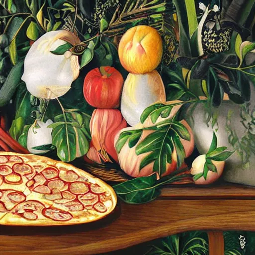 Image similar to A magaritha pizza on a marble table in a garden by Henri Rousseau