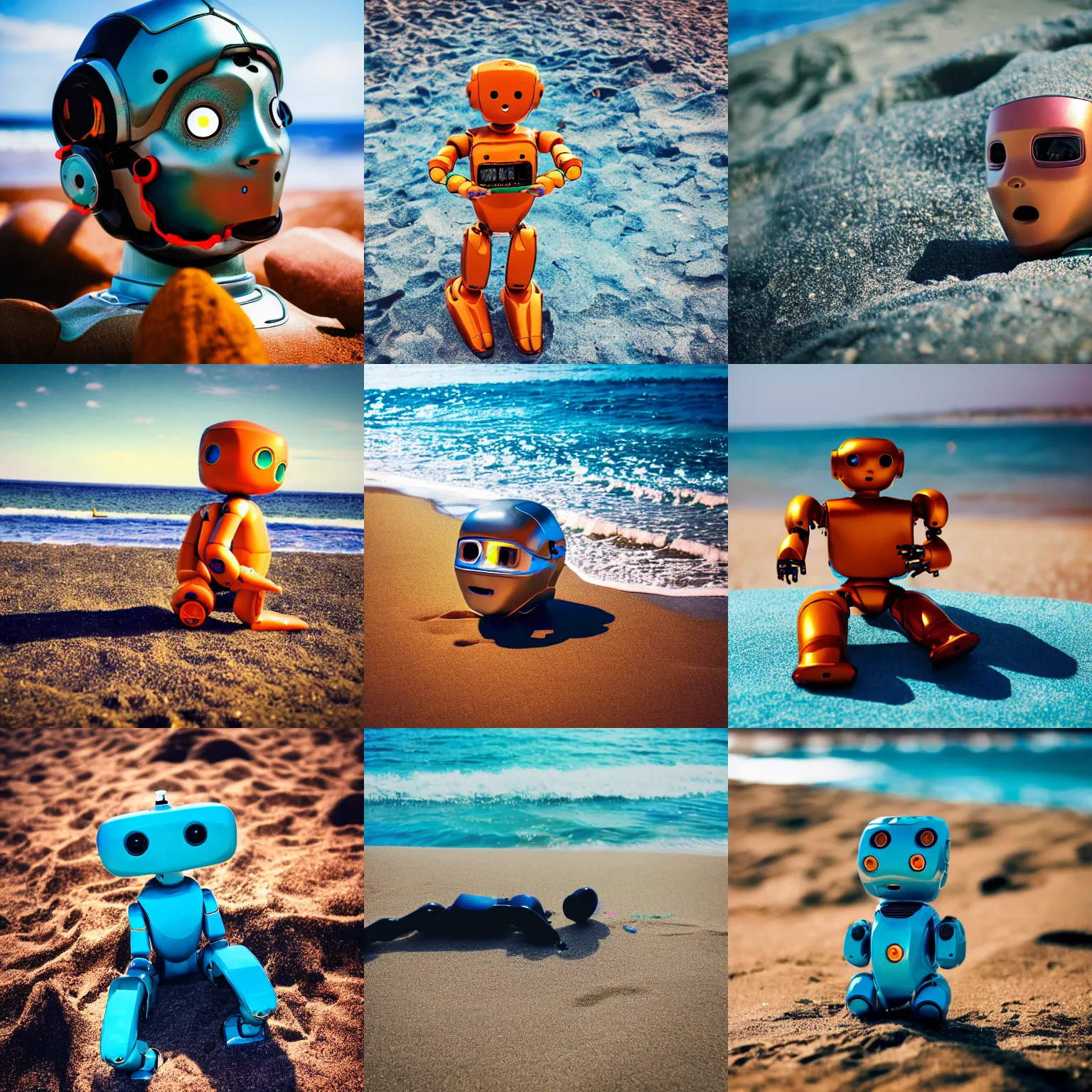 Prompt: photo of an humanoid robot sunbathing in a beach, depth of field, happiness, beautiful sea, colorful robot