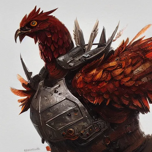 Image similar to chicken with armor, highly detailed, illustration, fantasy art, in the style of greg rutkowski, epic, fantasy, intricate, hyper detailed, artstation, concept art, smooth, sharp focus, ray tracing