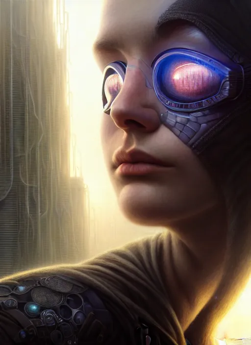 Image similar to closeup portrait shot of a cyberpunk teenager in a scenic dystopian environment, intricate, elegant, highly detailed, centered, digital painting, artstation, concept art, smooth, sharp focus, illustration, artgerm, tomasz alen kopera, peter mohrbacher, donato giancola, joseph christian leyendecker, wlop, boris vallejo