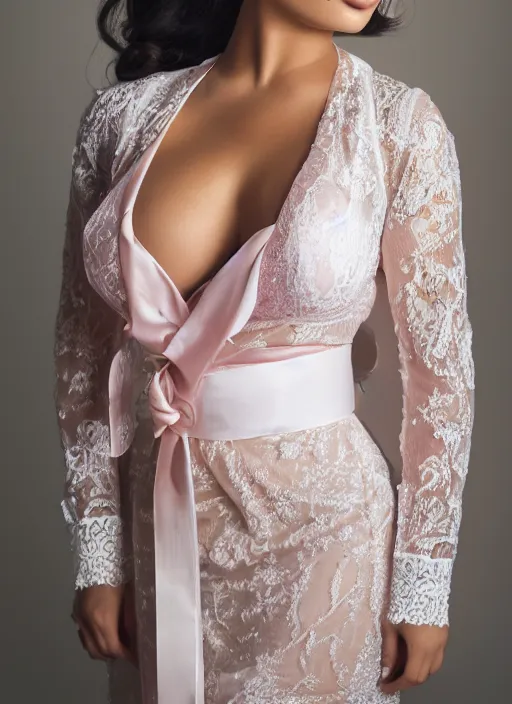 Image similar to portrait of demi rose wearing white kebaya and pink silk belt, by charlotte grimm, natural light, detailed face, beautiful features, symmetrical, canon eos c 3 0 0, ƒ 1. 8, 3 5 mm, 8 k, medium - format print, half body shot