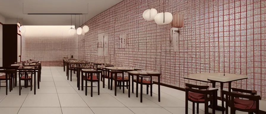 Image similar to a beautiful simple interior render of small roasted string hotpot restaurant restaurant yan'an, wall corner, from china, red paper wall and white tile floor, rectangle white porcelain table, fine simple delicate structure, chinese style, simple composition, simple style structure decoration design, victo ngai, 4 k hd