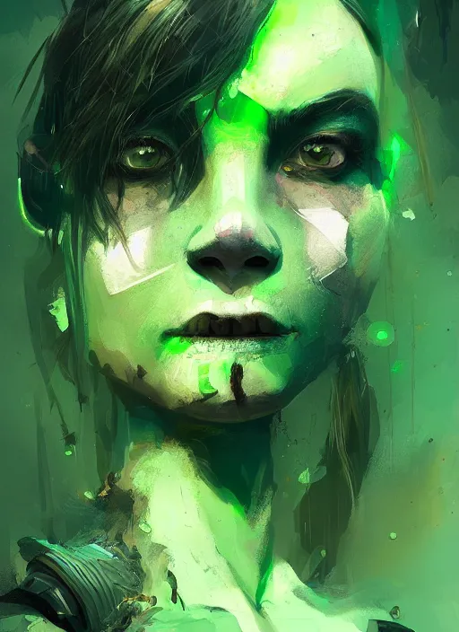 Prompt: green orc female, light green tone beautiful face by ismail inceoglu