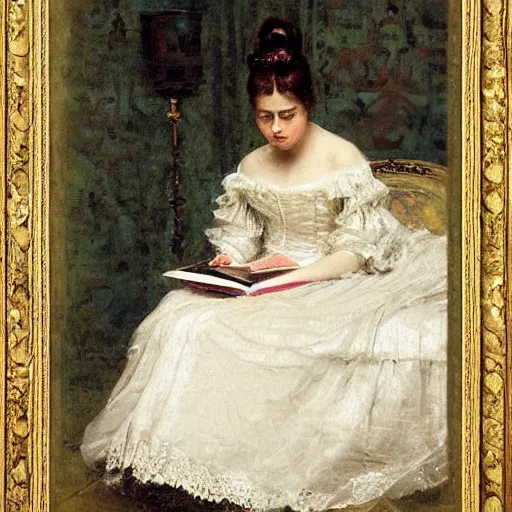 Image similar to young victorian lady in ball gown reading a book, painted by alfred stevens