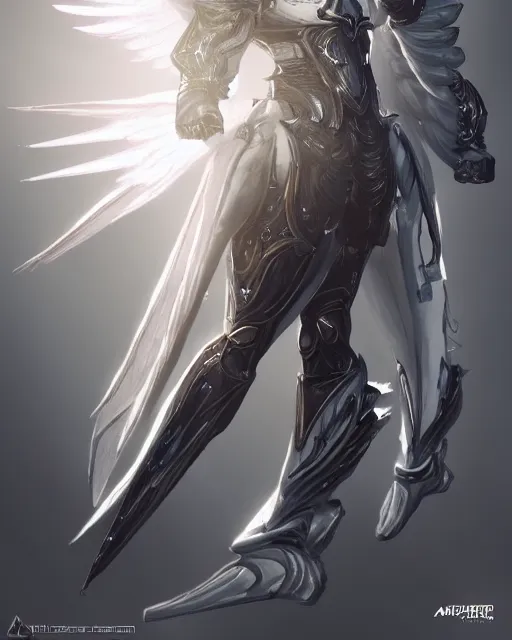 Image similar to tall, fighter wearing white dove wings, warframe armor, regal, attractive, ornate, sultry, scifi platform, 4 k, ultra realistic, epic lighting, illuminated, cinematic, black gold, art by akihito tsukushi, voidstar