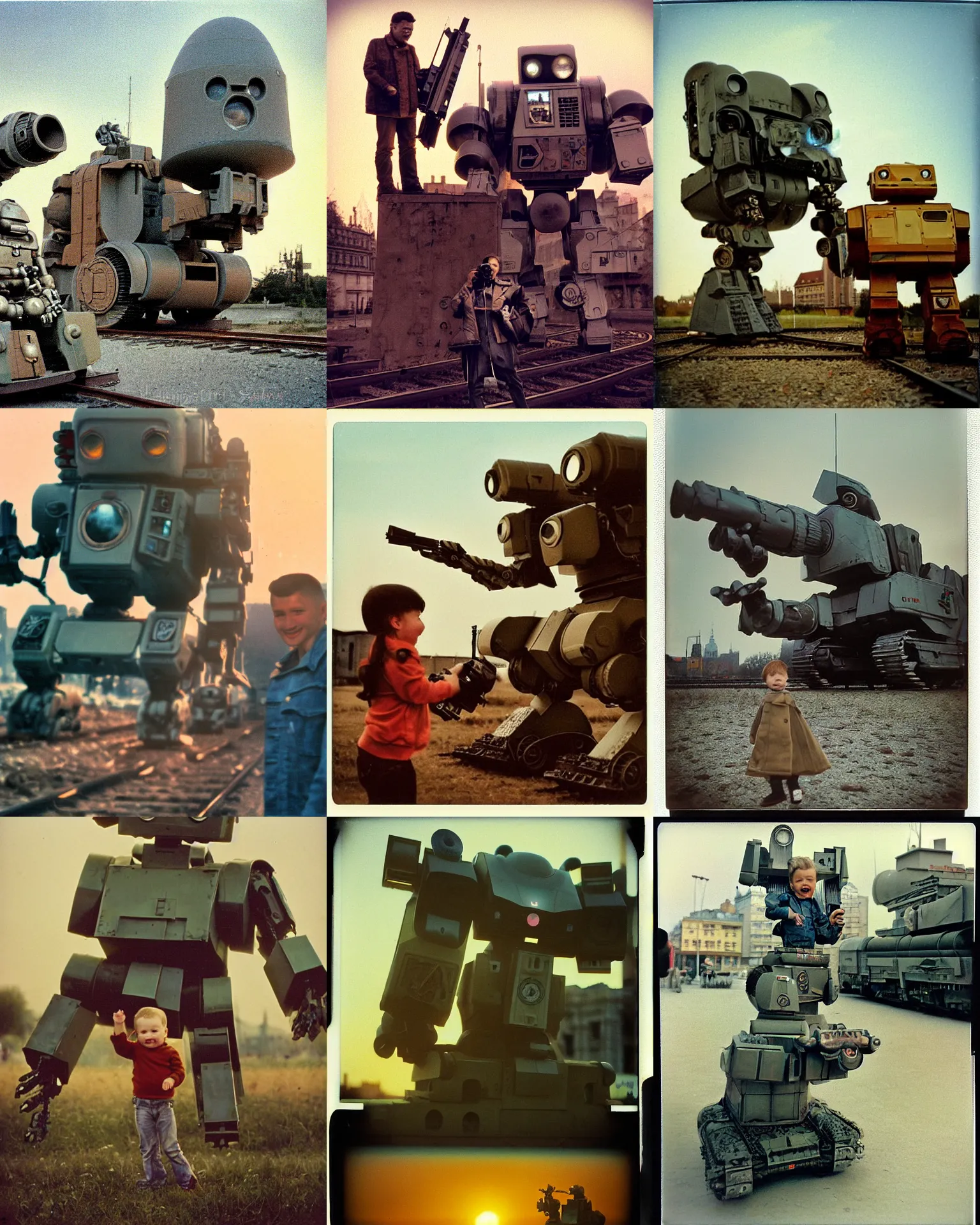 Prompt: giant oversized smile on battle robot rabbit mech train war nuclear bomb rocket launcher machine baby in warsaw centre , Cinematic focus, Polaroid photo, vintage, neutral dull colors, soft lights, sunset backlight , full body, by Steve Hanks, by Serov Valentin, by lisa yuskavage, by Andrei Tarkovsky