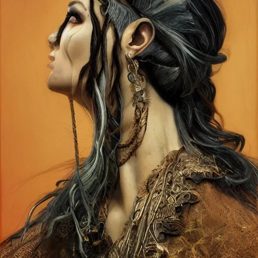 Image similar to portrait of a Shibari rope wrapped face and neck, headshot, insanely nice professional hair style, dramatic hair color, digital painting, of a old 13th century, traveler, amber jewels, baroque, ornate clothing, scifi, realistic, hyperdetailed, chiaroscuro, concept art, art by Franz Hals and Jon Foster and Ayami Kojima and Amano and Karol Bak,