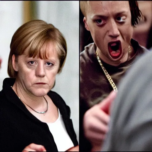 Image similar to Angela Merkel dressed as Eminem in the movie 8 mile, movie still