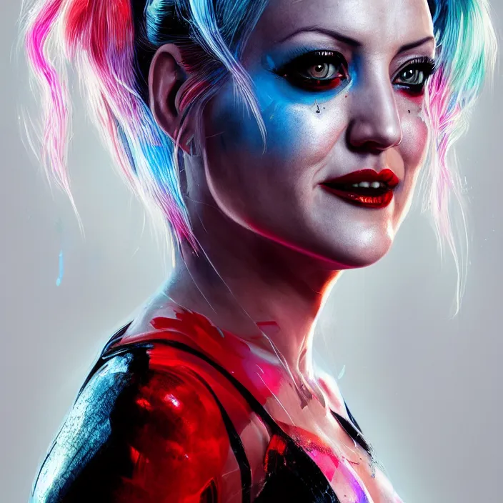 Image similar to portrait of Kate Hudson as a harley quinn. intricate abstract. intricate artwork. by Tooth Wu, wlop, beeple, dan mumford. octane render, trending on artstation, greg rutkowski very coherent symmetrical artwork. cinematic, hyper realism, high detail, octane render, 8k, iridescent accents