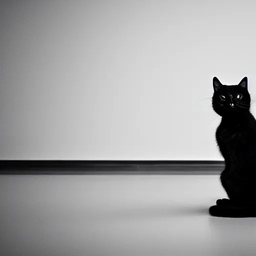 Image similar to national geographic photograph of a scheming black cat sitting in a white room