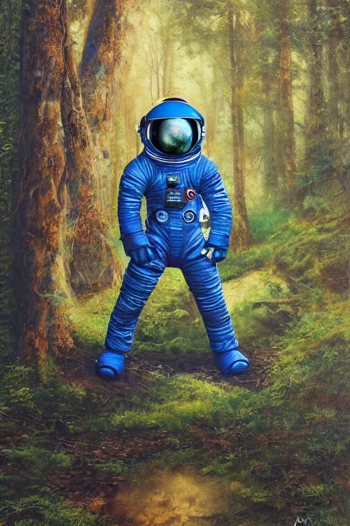 Image similar to blue astronaut meditating in the forest, oil on canvas, intricate, portrait, 8k highly professionally detailed, HDR, CGsociety