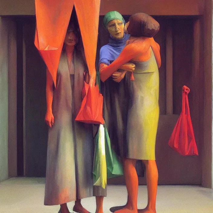 Prompt: colorful women hugging with a paper bag over the head, dressed in plastic bags, inside cathedral, highly detailed, artstation, art by , edward hopper, zdislav beksinski, wayne barlowe