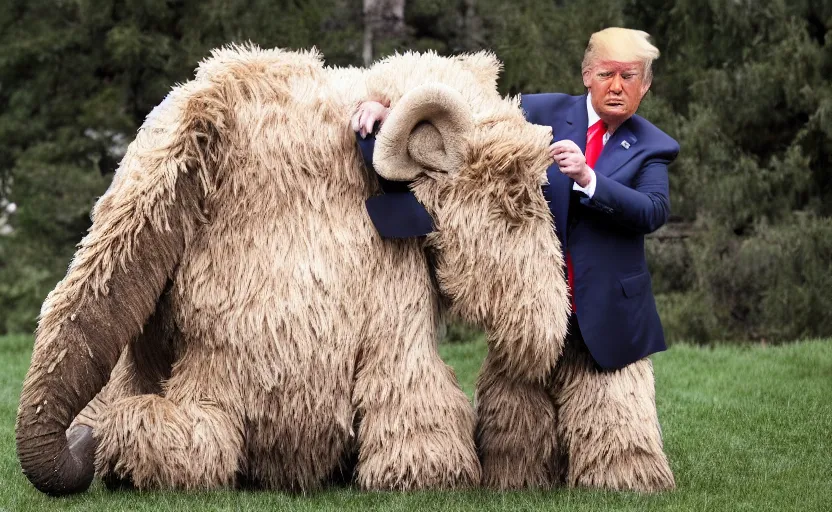 Image similar to Donald Trump in a baby mammoth costume , with an open face